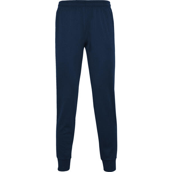 Navy track pants with an elastic waistband and cuffed ankles, featuring a logo. Suitable for casual and athletic wear. Argos Training Trousers (Youth) - Image 1