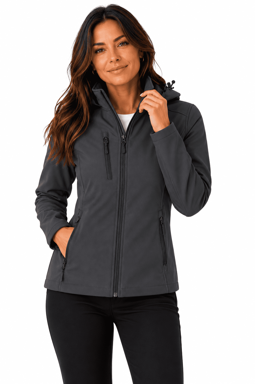 A soft shell jacket in dark grey, featuring a hood and zippered pockets, worn by a smiling woman. OLYMPUS LADY JACKETS - Image 1