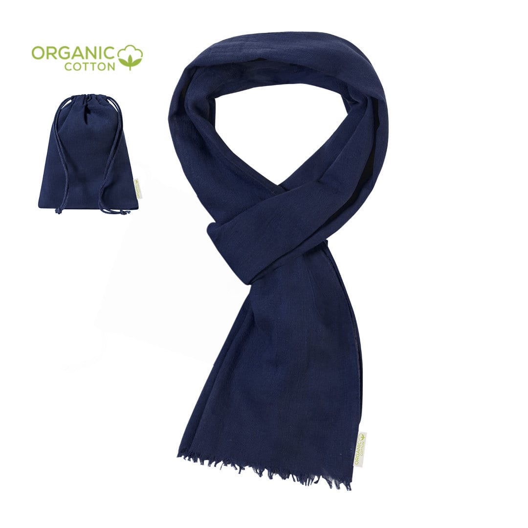 A navy blue organic cotton scarf displayed alongside a matching drawstring bag. Betty - Image 1