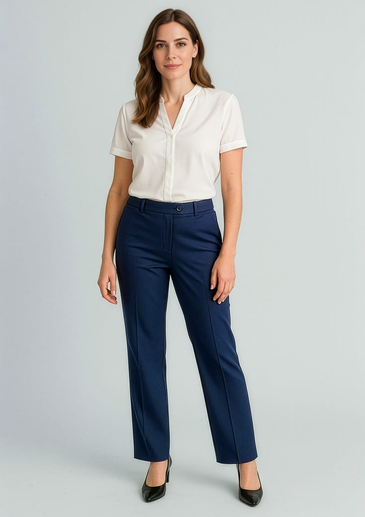 A woman stands wearing navy relaxed pants paired with a white blouse and black shoes. The pants have a subtle logo. Womens Cool Stretch Relaxed Pant - Image 1
