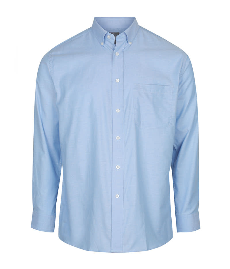 A light blue button-up shirt featuring long sleeves and a chest pocket, with a branded logo. Oxford - Image 1
