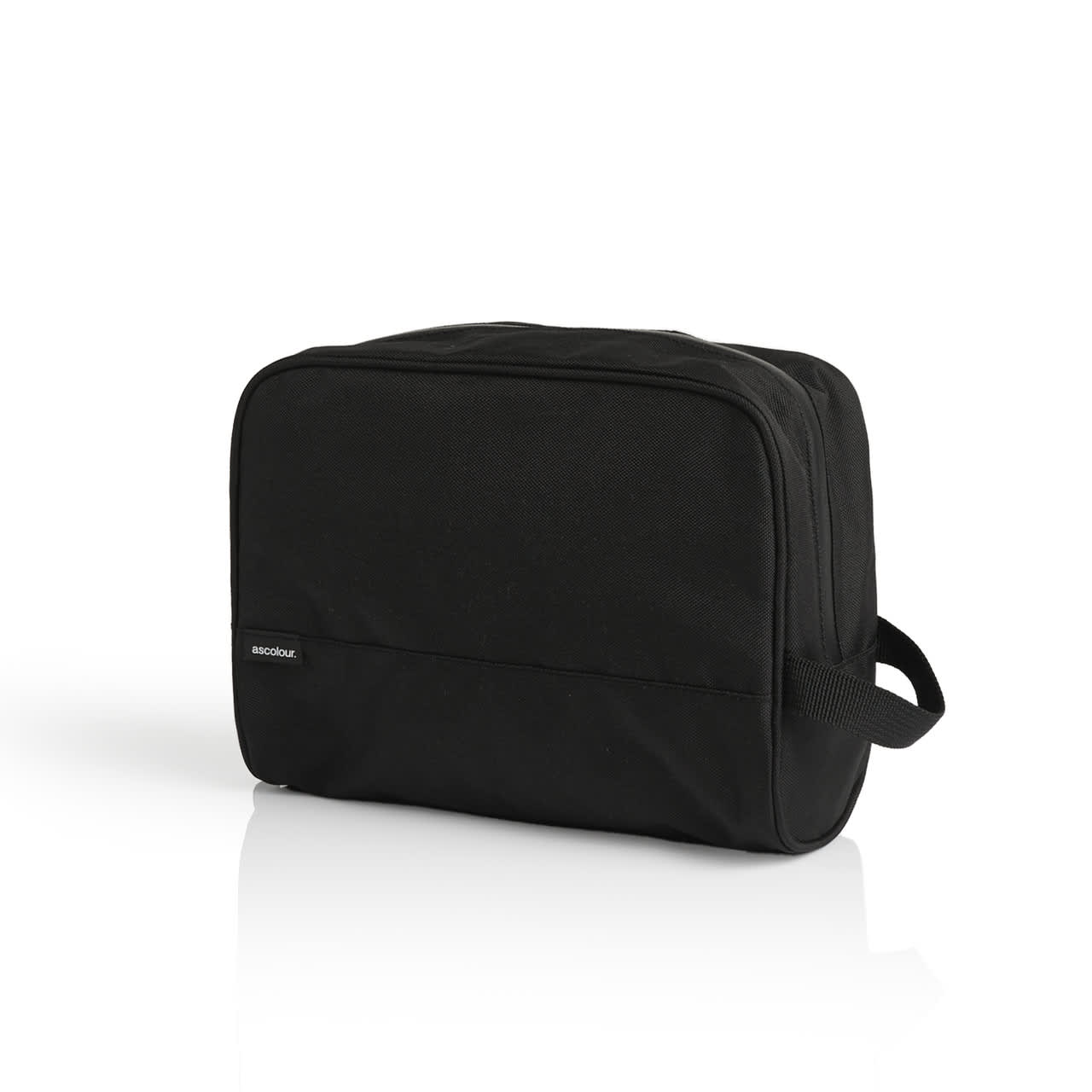 A black recycled toiletry bag with a rectangular shape and a side handle, featuring a logo. Recycled Toiletry Bag - Image 1