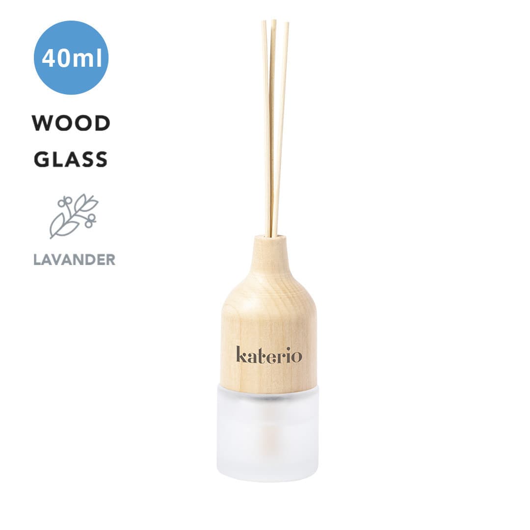 A glass diffuser bottle featuring a wooden lid, filled with lavender scent and containing reed sticks. Hestel - Image 1