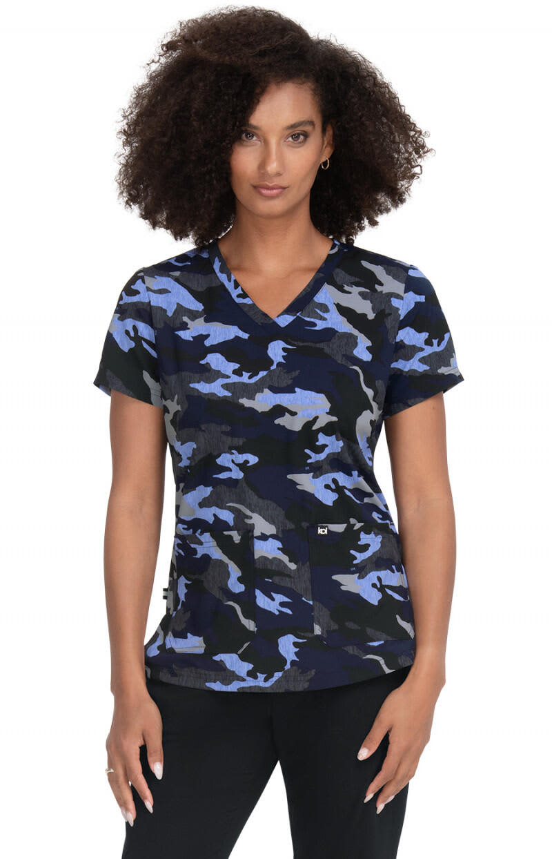A blue and black camouflage print top featuring a V-neck design and short sleeves. The product has a logo. Early Energy Top (Print) - Image 1