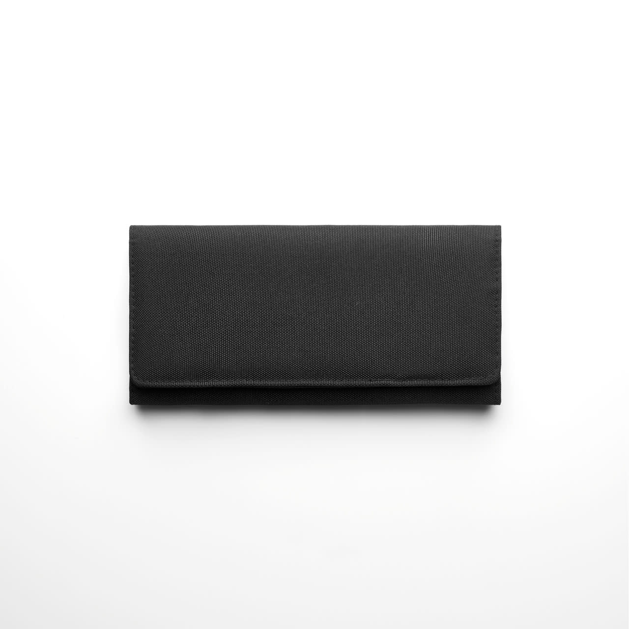 A black recycled long wallet with a simple design, featuring a logo on the surface. Recycled Long Wallet - Image 1