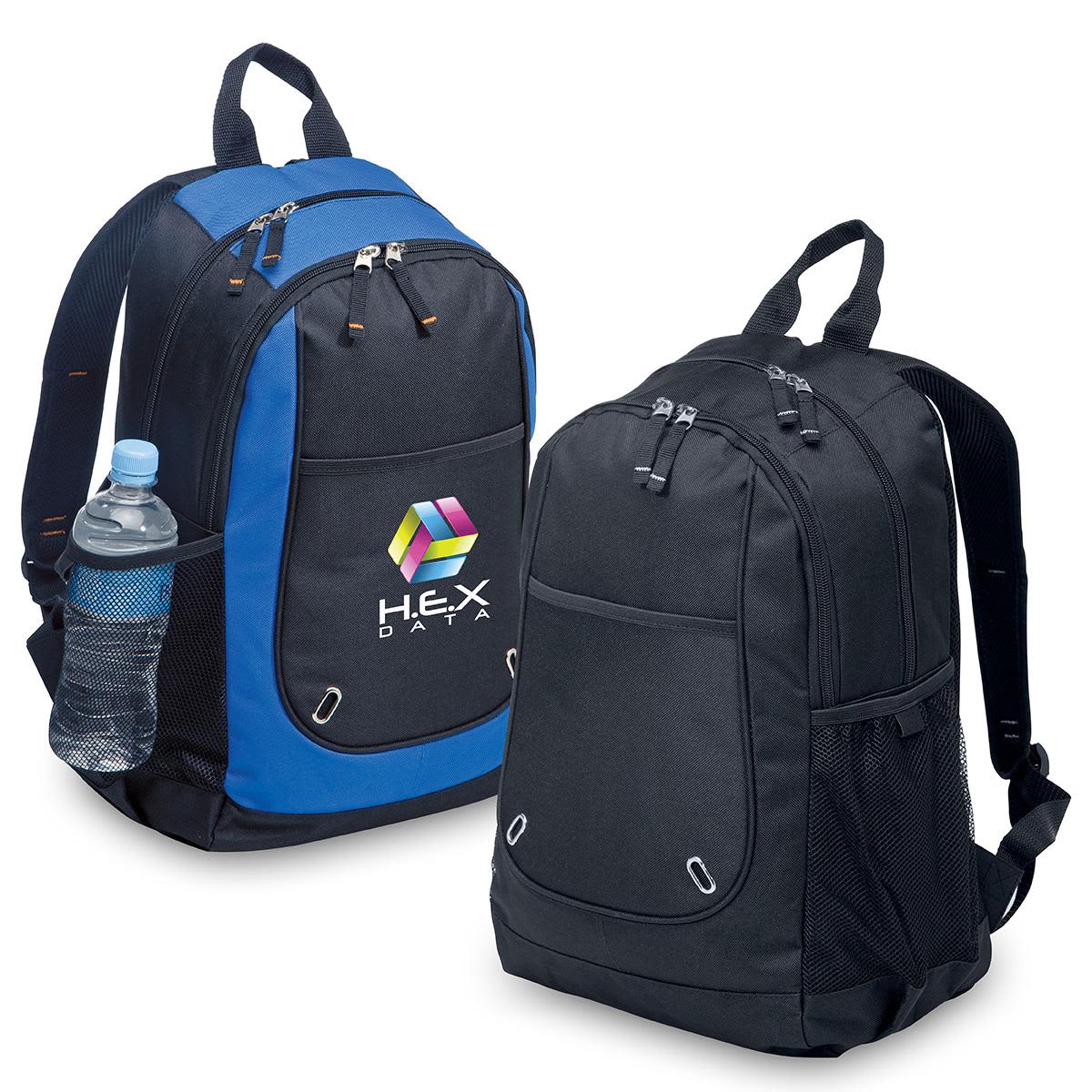 A blue and black backpack with a side pocket holding a drink bottle and featuring a logo on the front. Motion Backpack - Image 1
