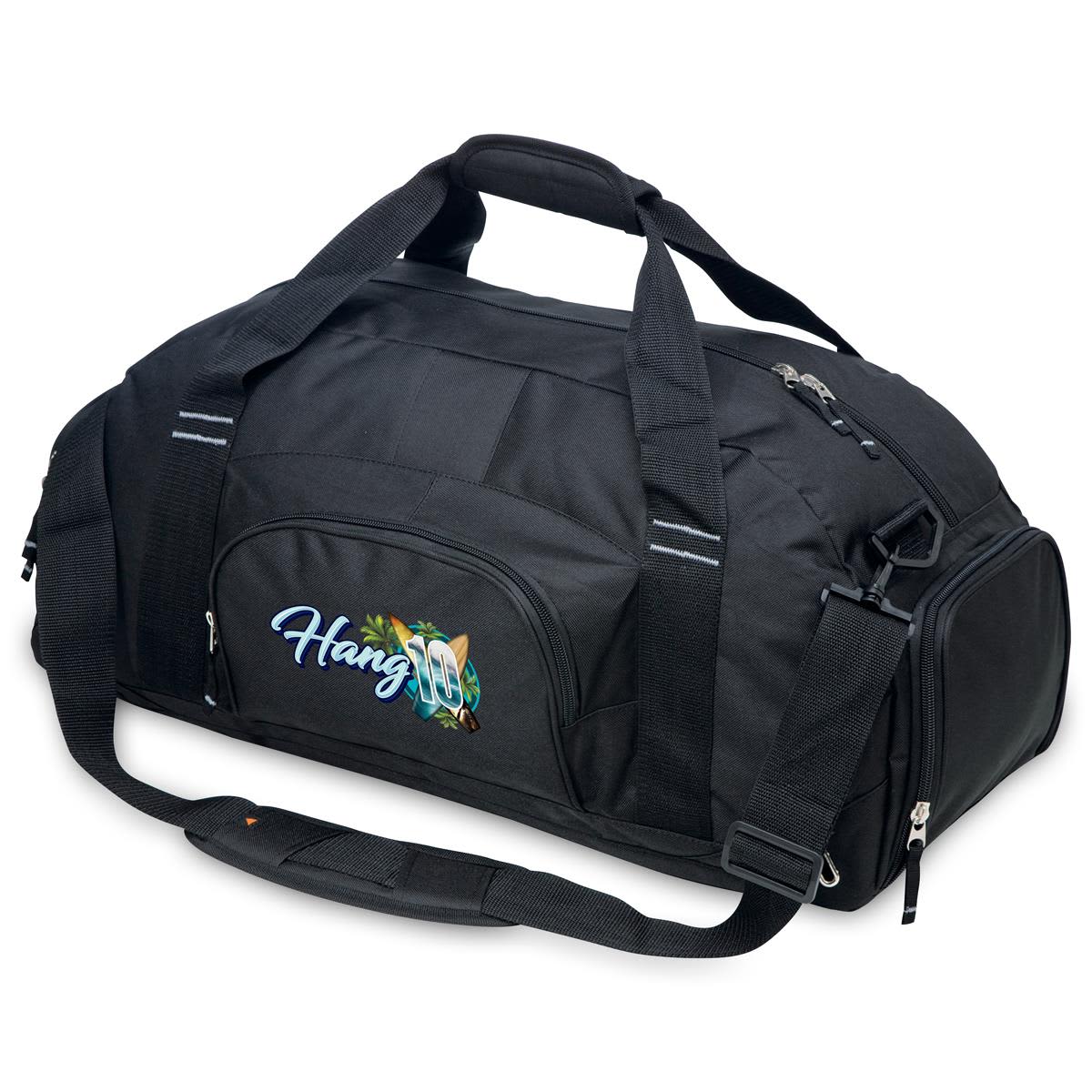 A black duffle bag with a shoulder strap and a front pocket, featuring a logo. Motion Duffle - Image 1
