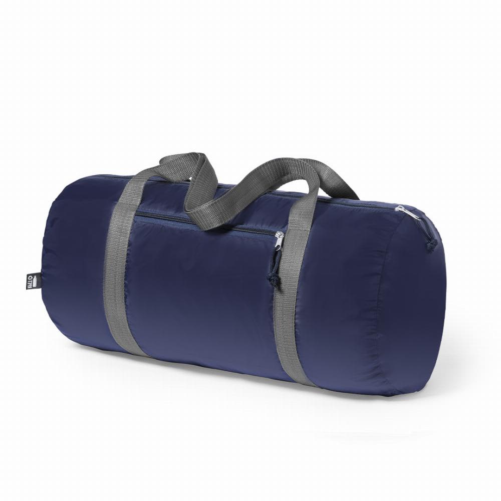 A navy blue duffle bag with grey straps and a zippered pocket on the side. It features a logo. Charmix - Image 1