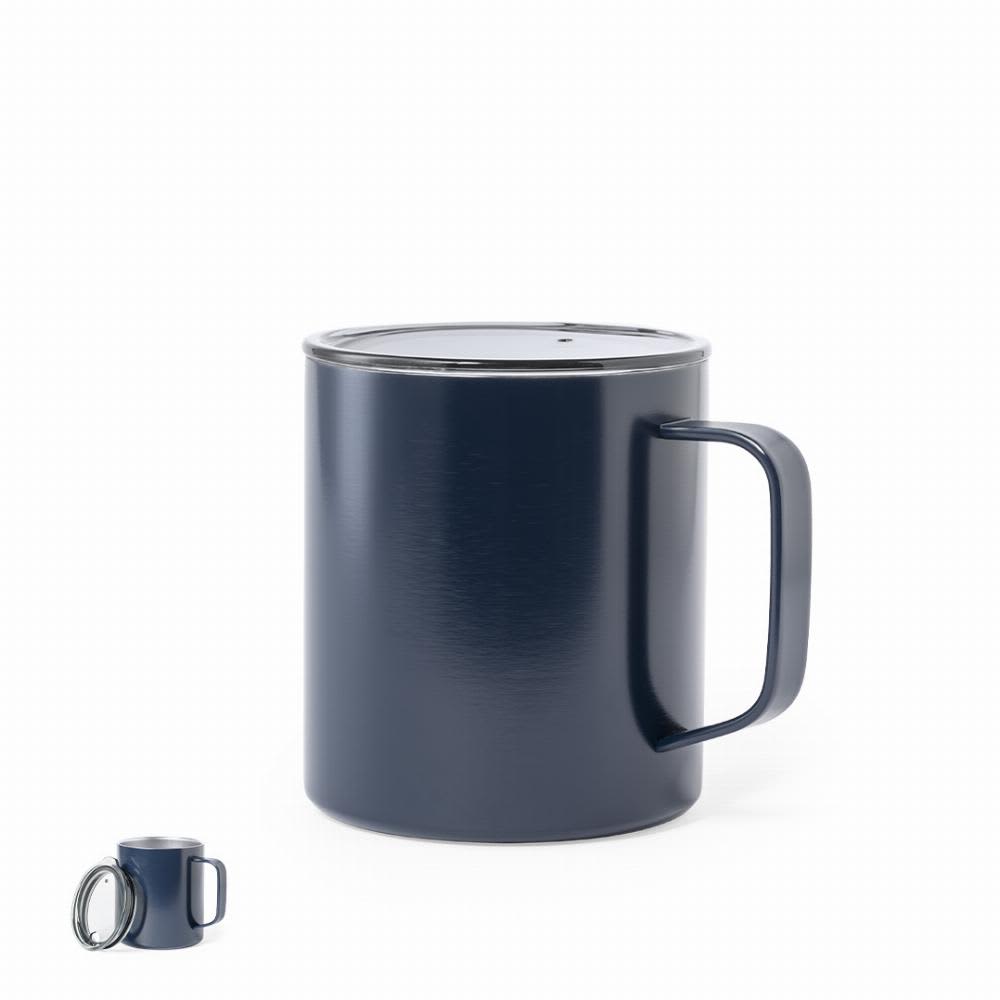 A drink bottle with a navy exterior and a stainless steel lid, featuring a handle and a sleek design. Hanna - Image 1
