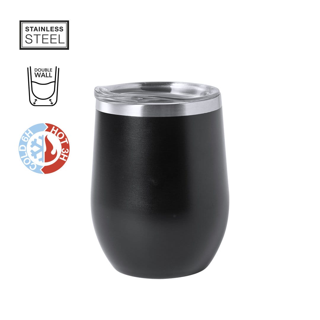 A stainless steel drink bottle with a double wall, featuring a black matte finish and a clear lid. Bobby - Image 1