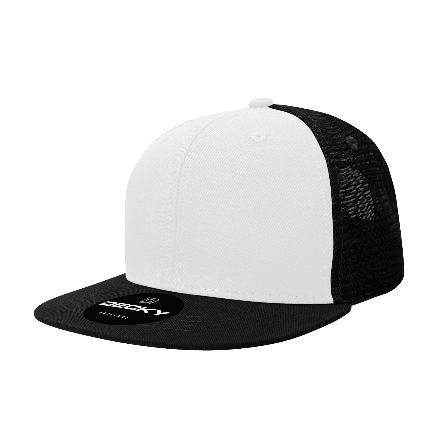 A high-profile structured trucker cap featuring a white front and black mesh back, with a logo on the front. 6 Panel High Profile Structured Trucker - Image 1