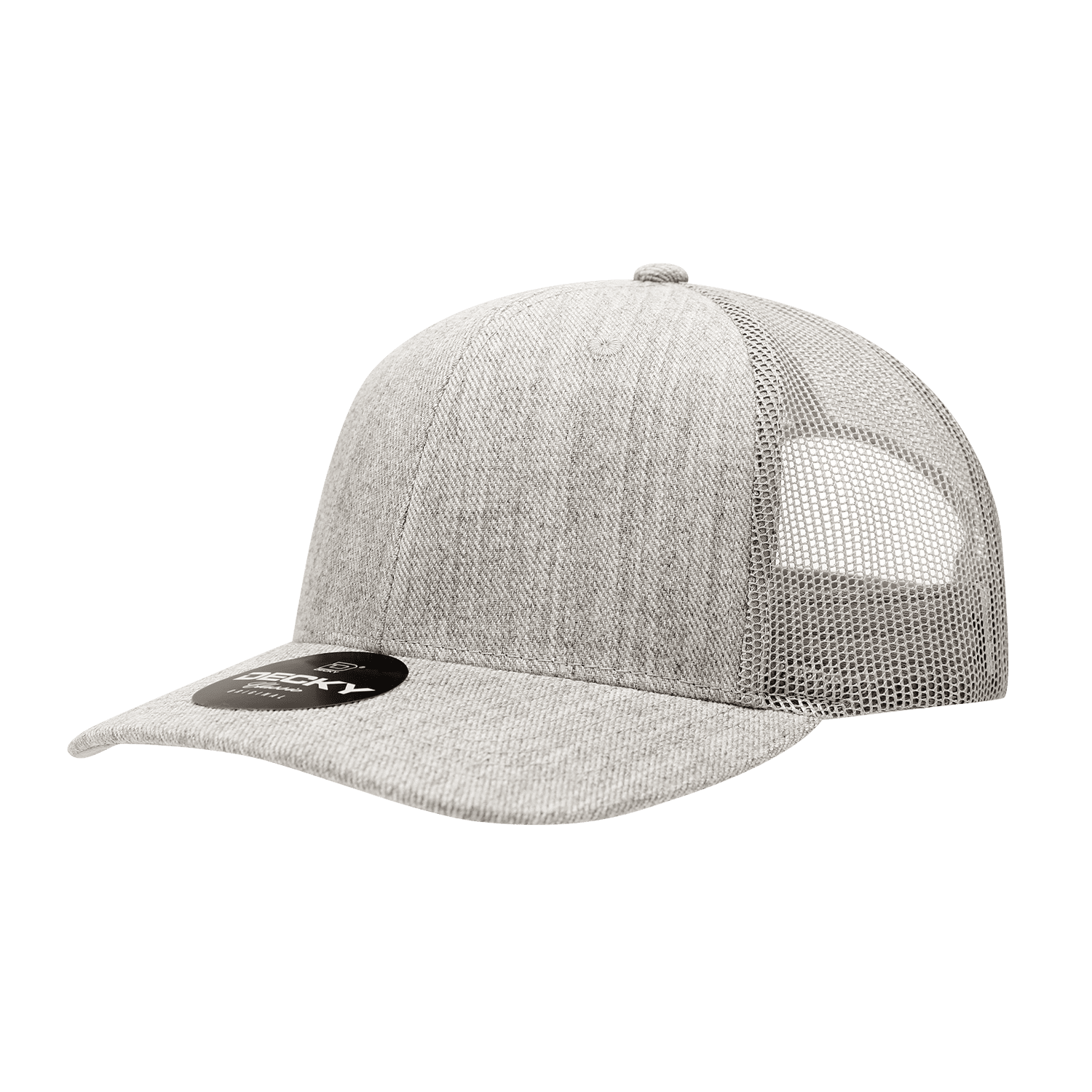A grey trucker cap with a structured six-panel design and mesh backing. It features a logo on the front. 6 Panel Mid Profile Structured Trucker - Image 1
