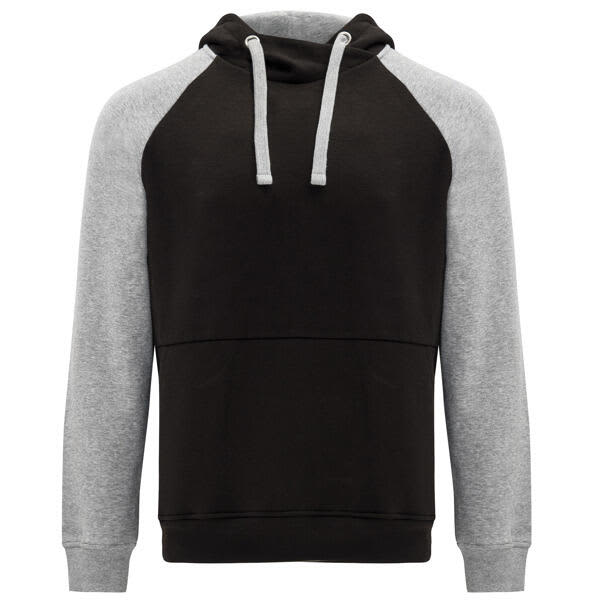 A hooded sweatshirt in black with grey sleeves and a front pocket, featuring a drawstring hood. Badet Hooded Sweatshirt - Image 1