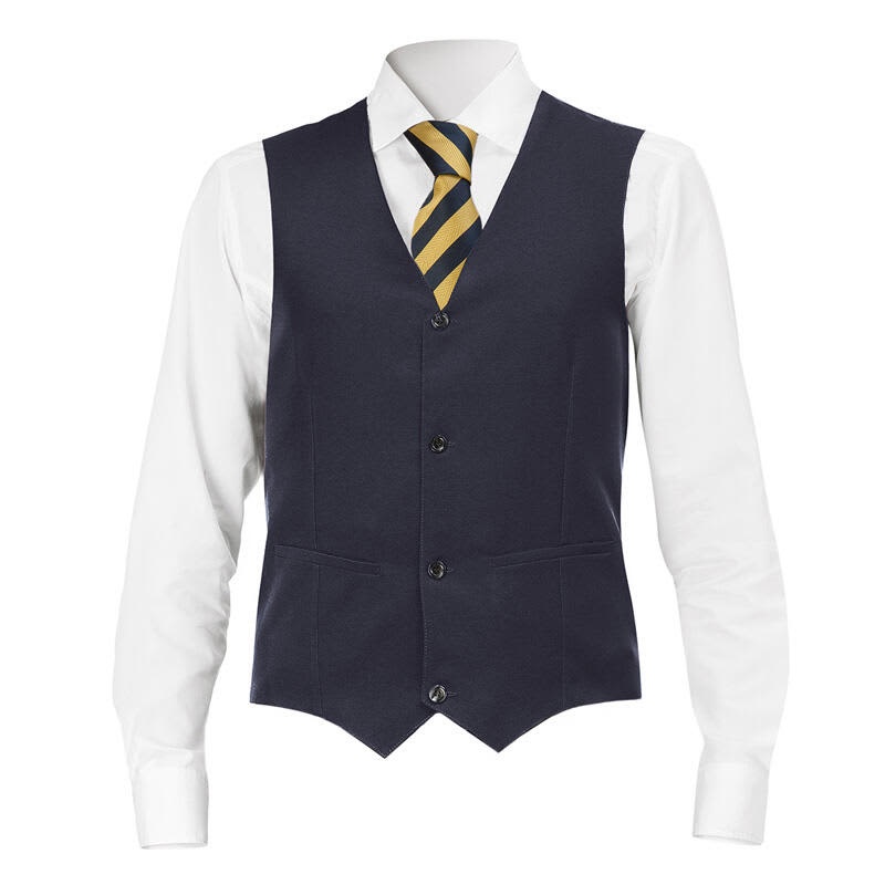 A navy vest with a white shirt and a yellow striped tie, featuring buttons and pockets. The garment has a logo. Miguel Vest - Image 1