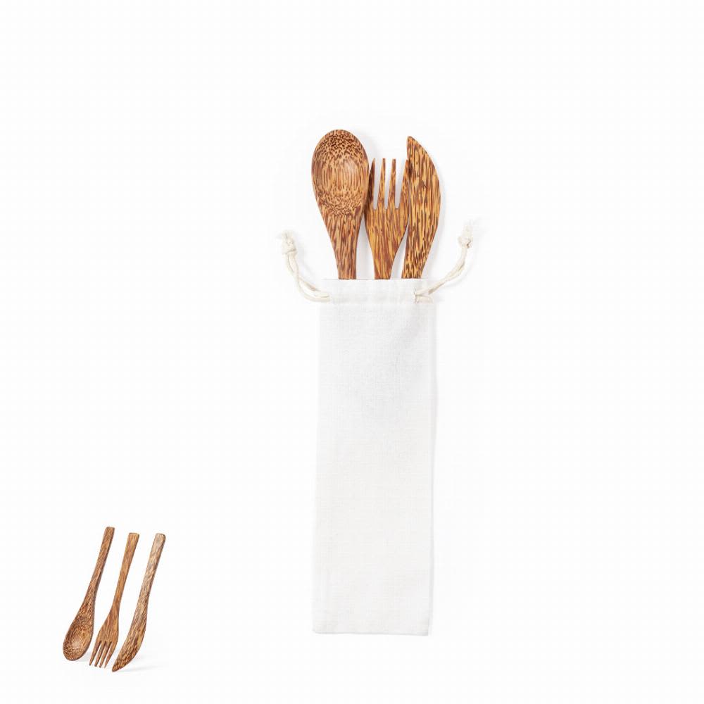 A collection of wooden utensils in a white drawstring bag, with three smaller wooden forks beside it. Socex - Image 1
