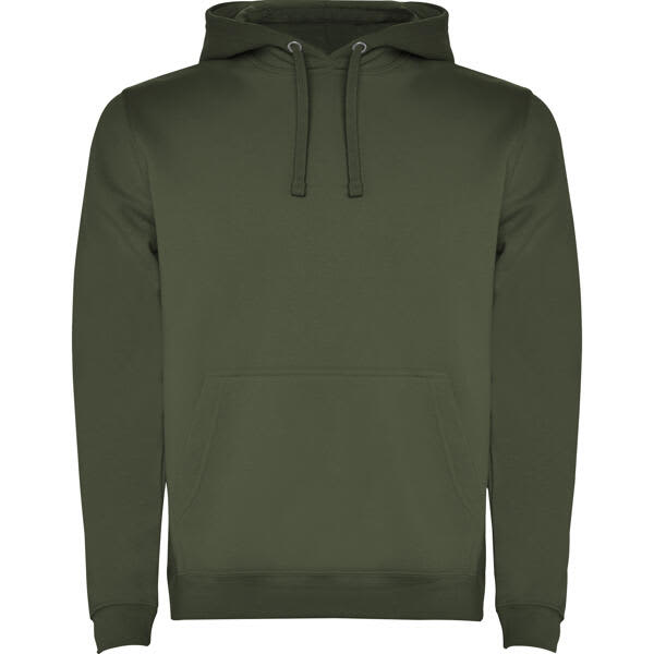 A green hooded sweatshirt with a kangaroo pocket and drawstring hood, featuring a branding logo. Urban Hooded Sweatshirt (Youth) - Image 1