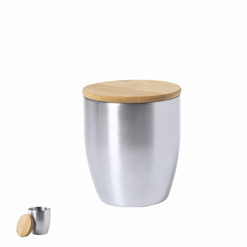 A drink bottle with a silver stainless steel body and a wooden lid, featuring a sleek, modern design. Zasel - Image 1