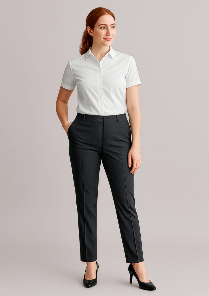A pair of women's bandless elastic waist pants in dark grey, styled with a white shirt and black heels. Womens Siena Bandless Elastic Waist Pant - Image 1