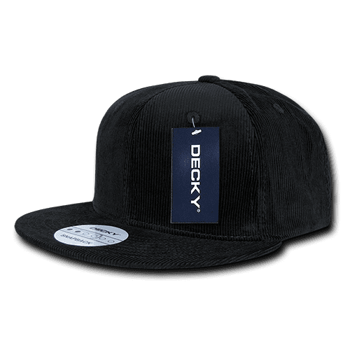 A black corduroy snapback cap with a structured 6-panel design and a tag attached. 6 Panel High Profile Structured Snapback - Image 1