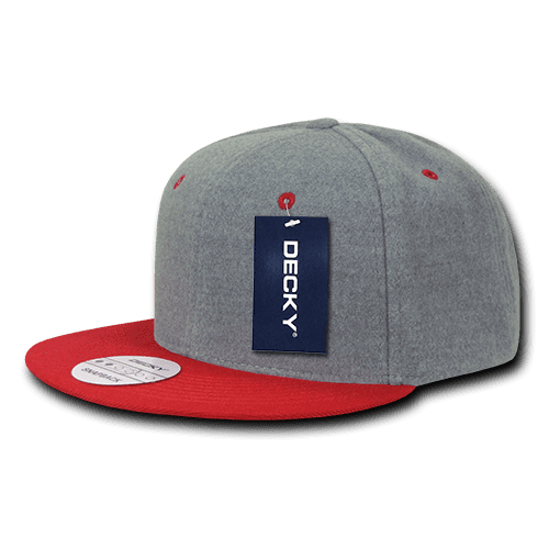A grey and red 6-panel high profile structured snapback cap with a brand tag. 6 Panel High Profile Structured Melton Snapback - Image 1