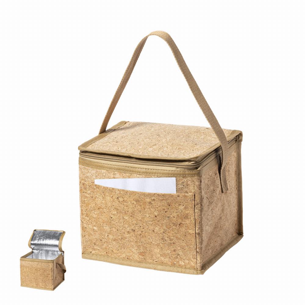 A cooler bag featuring a natural cork exterior with a contrasting strap and an insulated interior. It has a front pocket. Mathia - Image 1