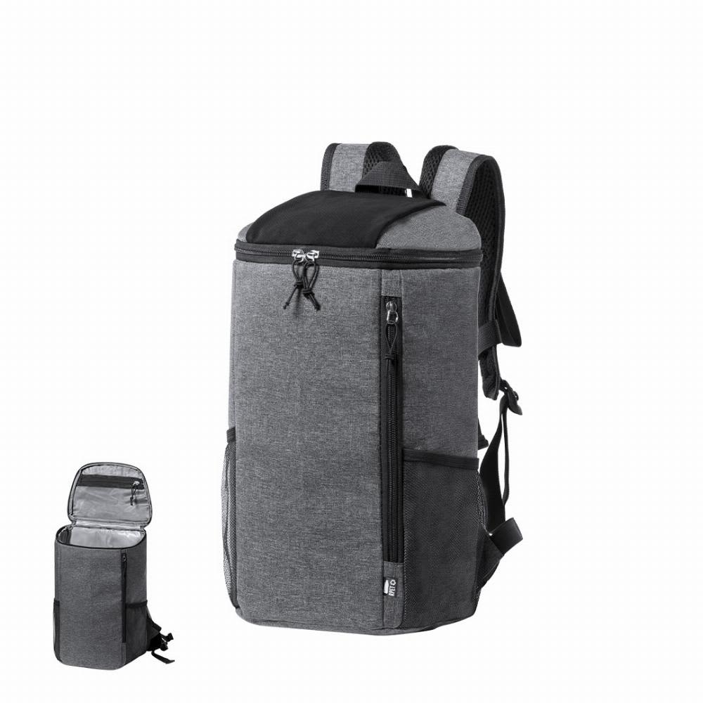 A grey insulated backpack with a top compartment and front zip pocket, featuring adjustable straps. Kemper - Image 1