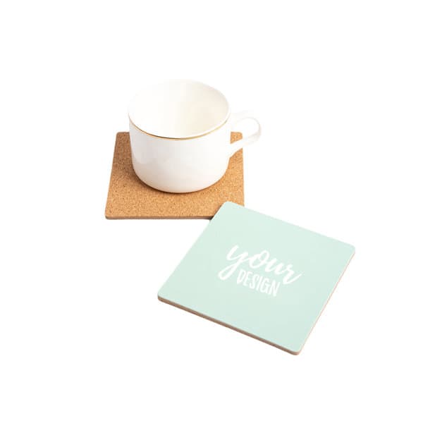 A cork coaster in a square shape, featuring a mint green surface and a white cup on top. It has a logo. Promotional Printed Square Cork Coaster - Image 1