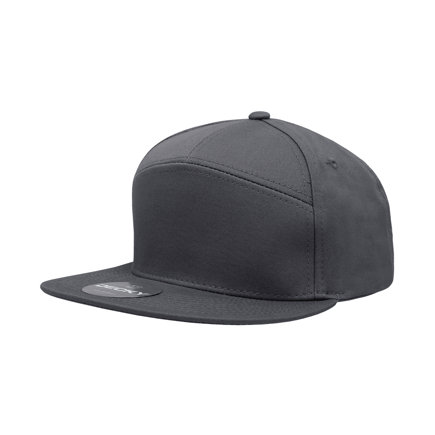 A dark grey 7 panel high profile structured cap with a flat brim and a branded logo. 7 Panel High Profile Structured Cap - Image 1