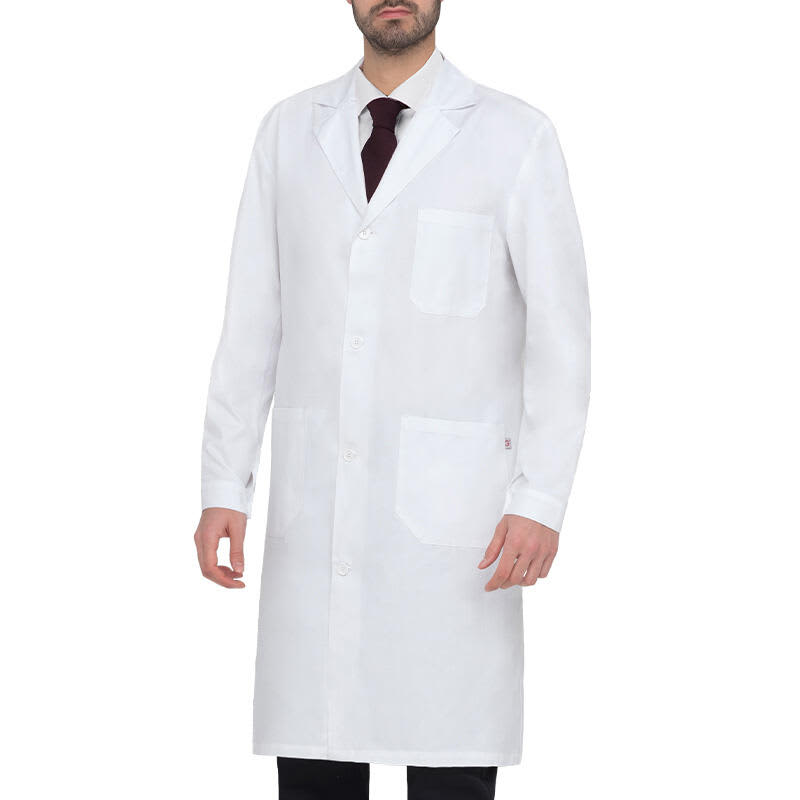 A white lab coat with a collar and two front pockets, worn by a man. The coat has a branding logo. Ethan Lab Coat - Image 1