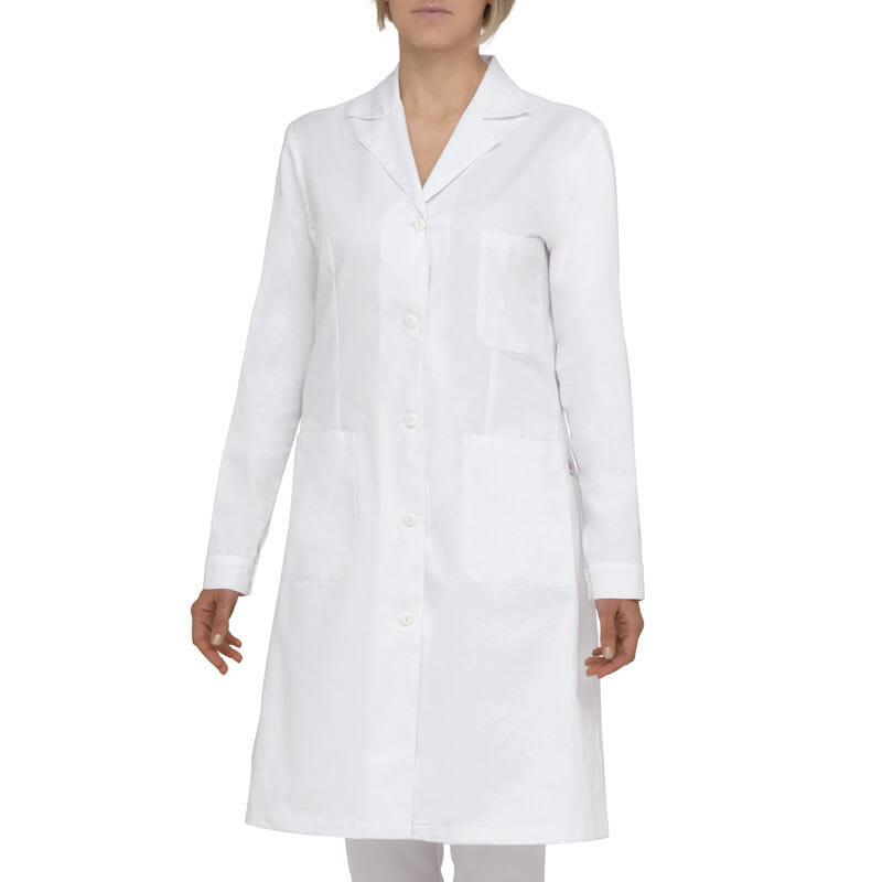 A white lab coat with a collar and long sleeves, featuring two front pockets and a button closure. Simona Lab Coat - Image 1