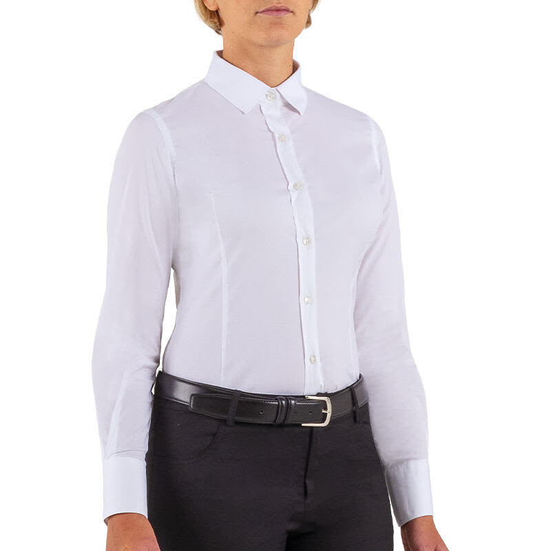 A white shirt with a collared neck and long sleeves, paired with black trousers and a belt. The shirt features a logo. Lela Shirt - Image 1