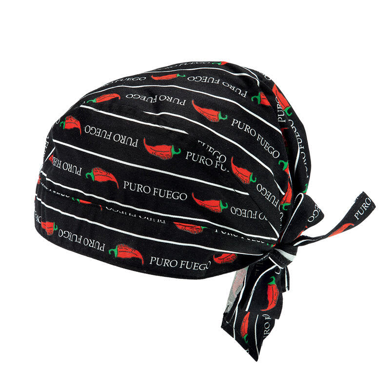 A black bandana featuring red chilli peppers and white text, tied at the back with a decorative knot. Marte Bandana - Image 1