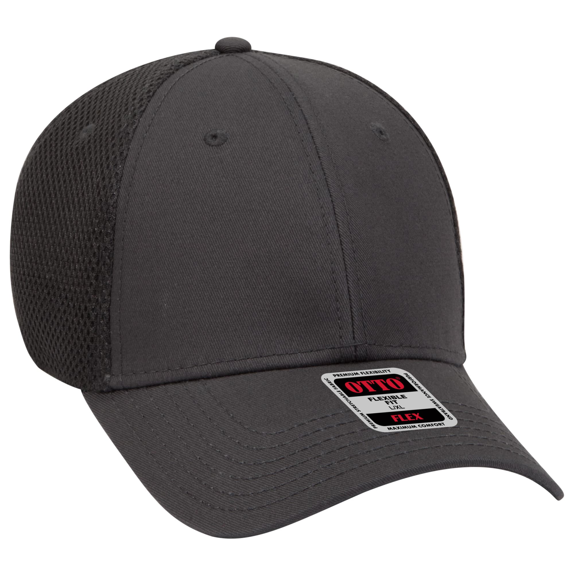 A grey Otto Flex 6 Panel Baseball cap featuring mesh sides and a branded patch on the front. 6 Panel Low Profile Baseball Cap - Image 1