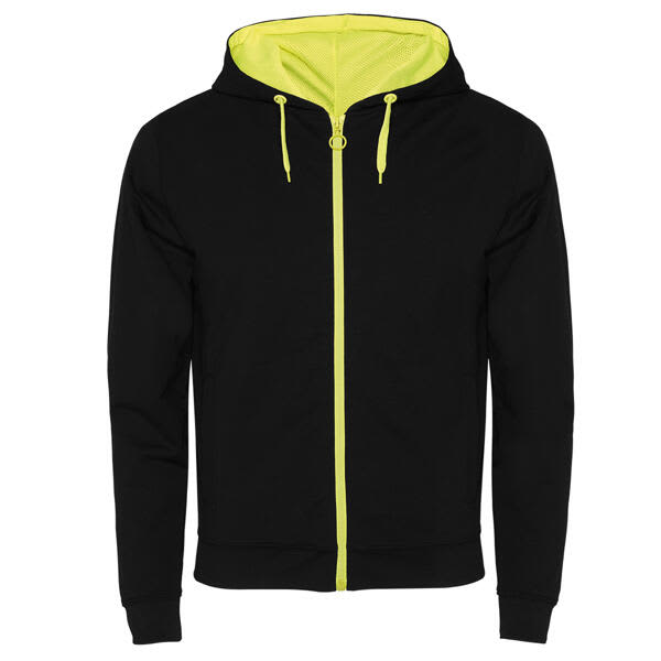 A black hooded sweatshirt with a bright yellow interior and zipper. It features drawstrings and has a logo on it. Fuji Hooded Sweatshirt - Image 1