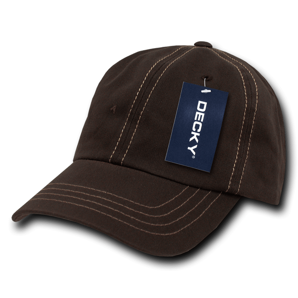 A brown, low profile, relaxed dad hat with contrasting stitching and a tag featuring a logo. 6 Panel Low Profile Relaxed Contra-Stitch Dad Hat - Image 1