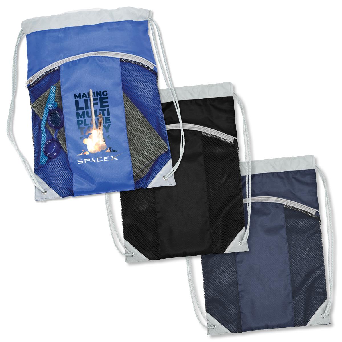 A set of three drawstring bags in blue and black, featuring mesh sides and a logo. Matrix Backsack - Image 1