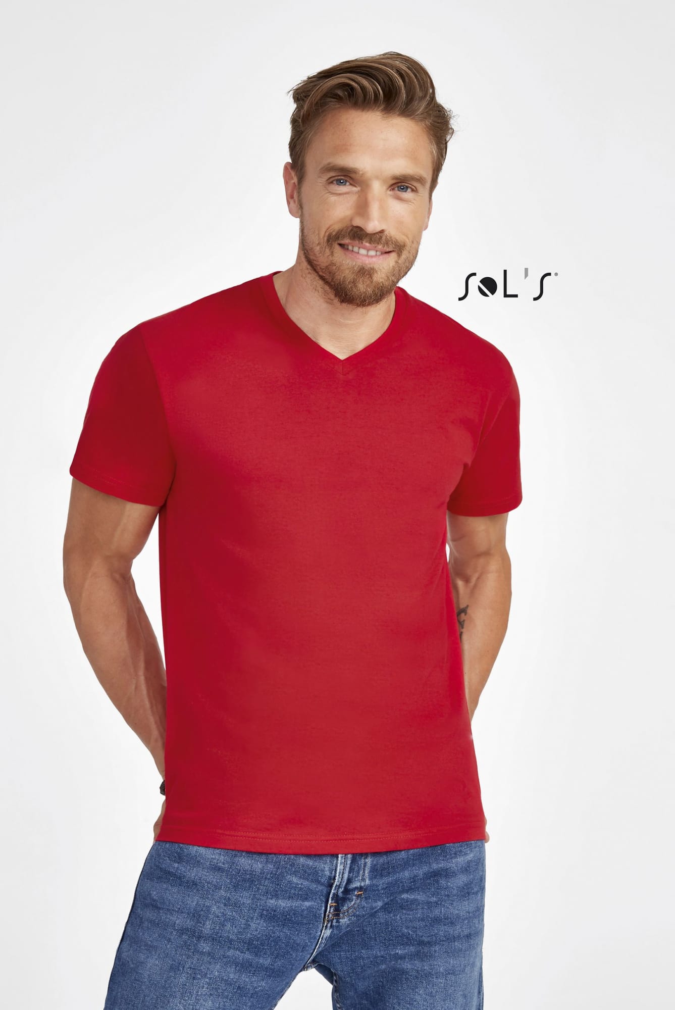 A red men's V-neck T-shirt made from 100% semi combed ring spun cotton, featuring a logo. T shirt Men's V NECK 100% semi combed ring spun cotton VICTORY - Image 1