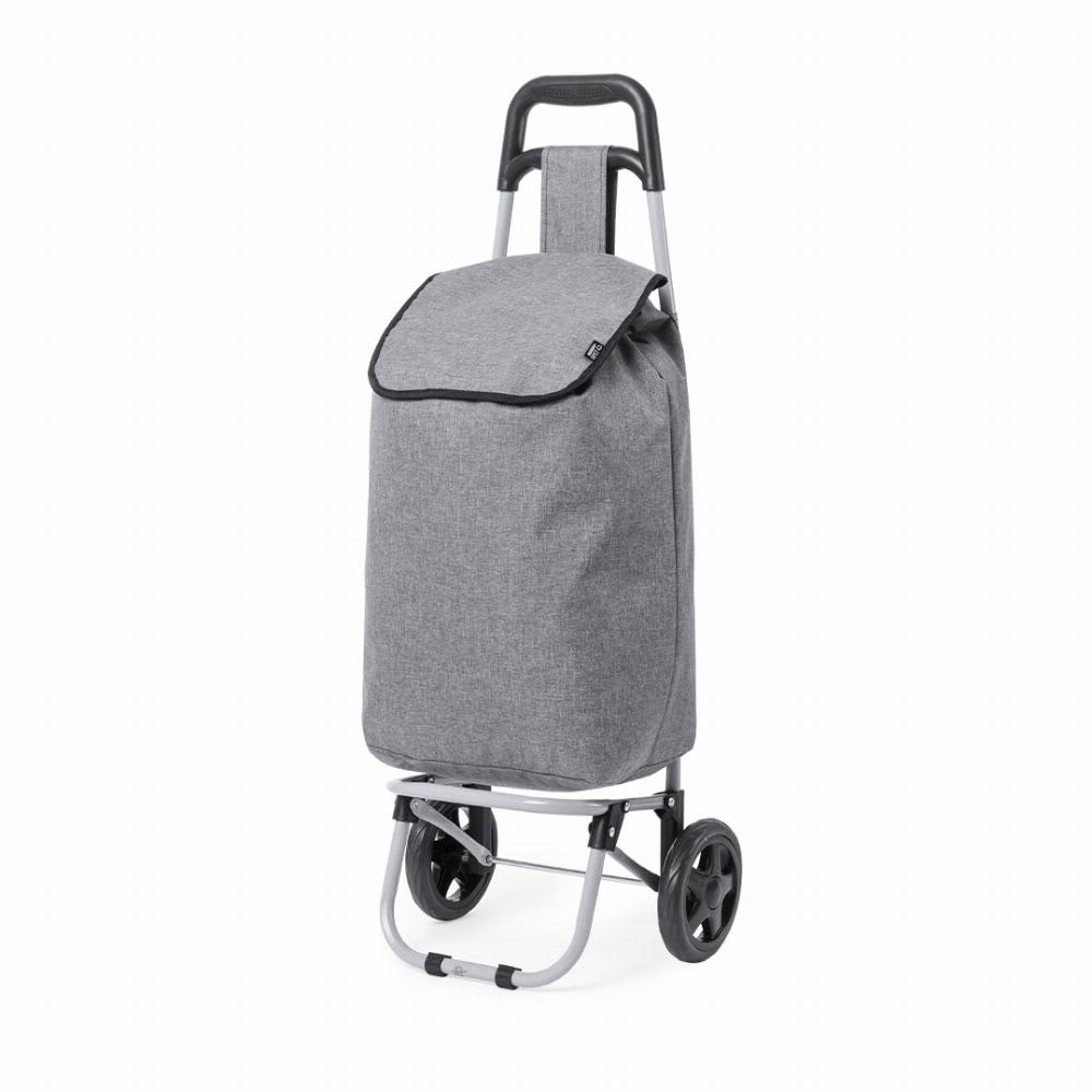 A shopping trolley bag in grey fabric with a fold-over flap and a metal frame with wheels. Daggio - Image 1