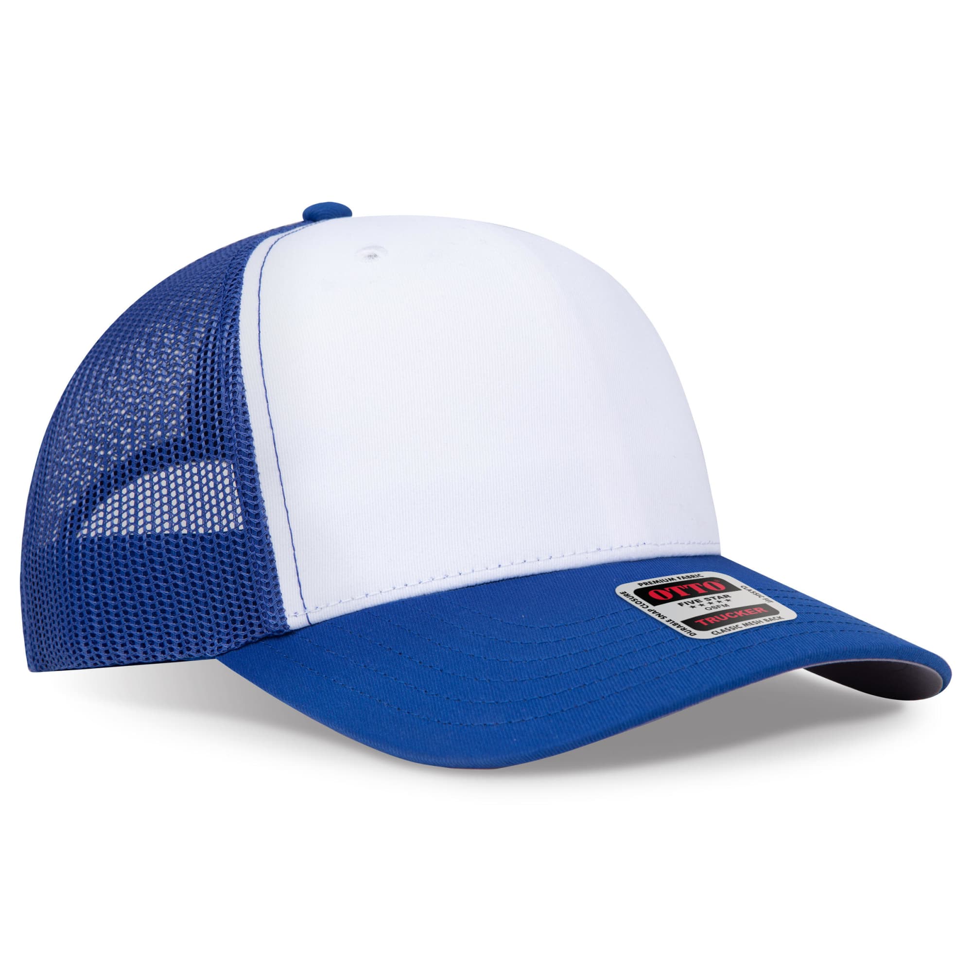 A blue and white trucker cap with a mid-profile design and mesh backing, featuring a logo on the front. Seamless 6 Panel Mid Profile Mesh Back Trucker - Image 1