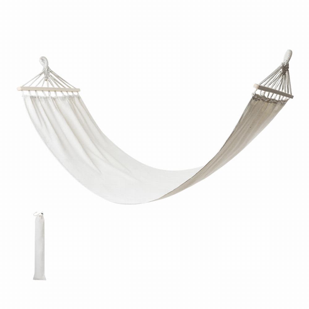 A hammock in white with wooden supports, featuring a carrying bag for easy transport. Niobex - Image 1