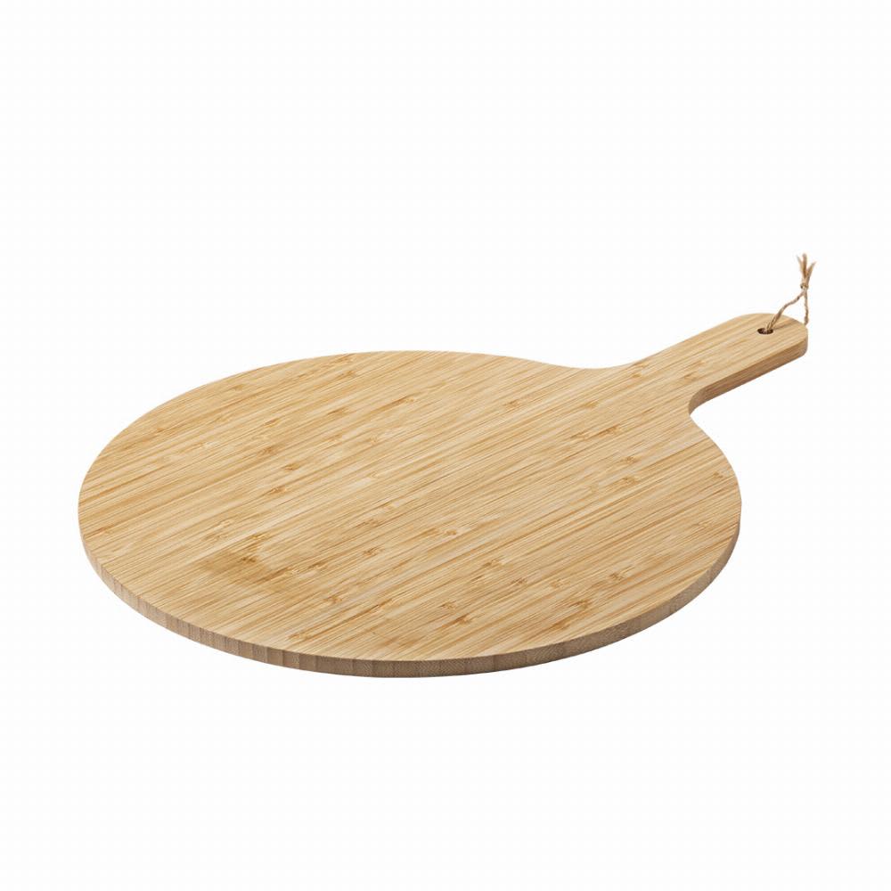 A round bamboo cutting board with a handle, featuring a smooth, natural wood finish. Nashary - Image 1