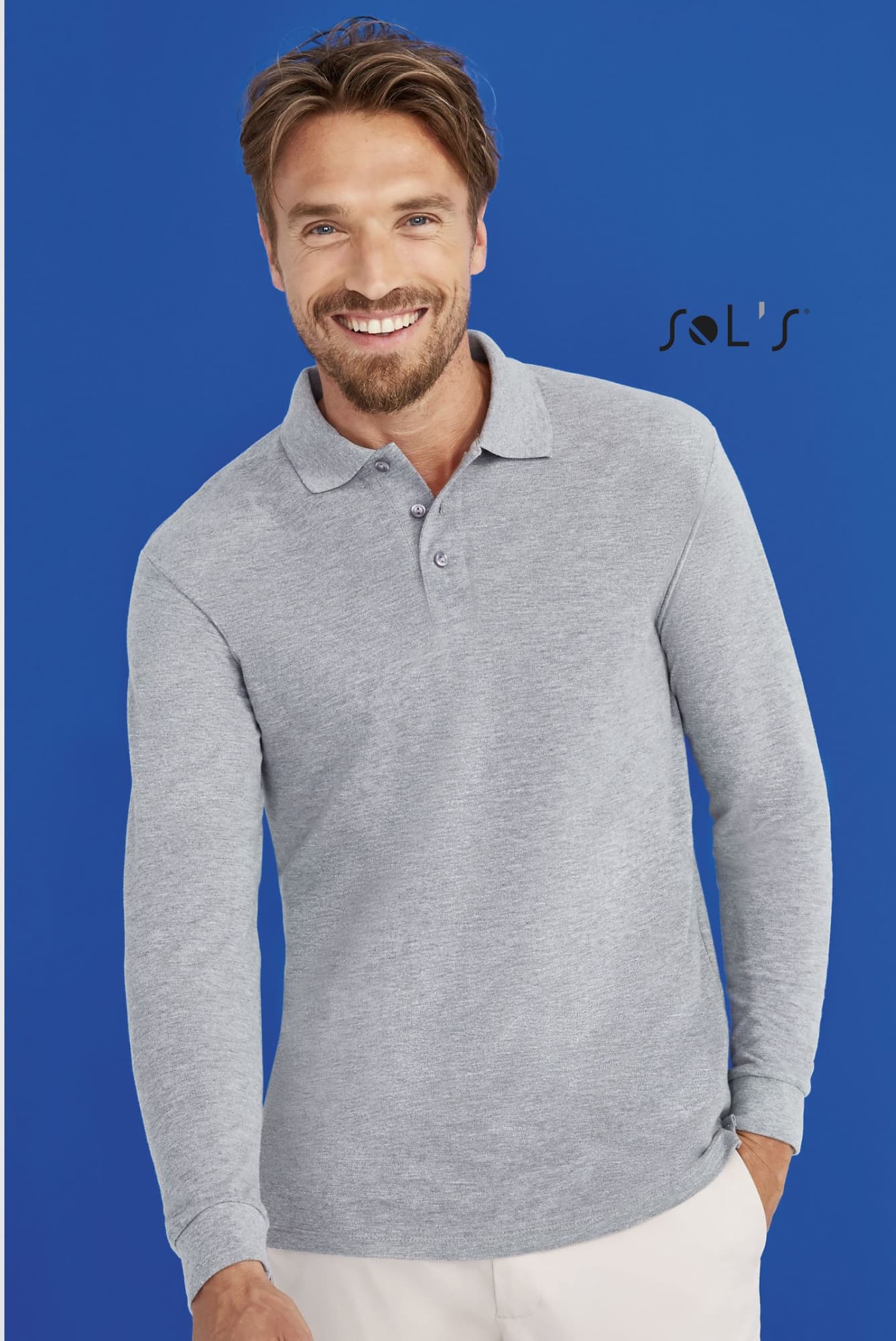 A grey long-sleeve jumper with a collar and button down made from 100% combed ring spun cotton. It features a logo. Jumper with collar and button down 100% combed ring spun cotton STAR - Image 1