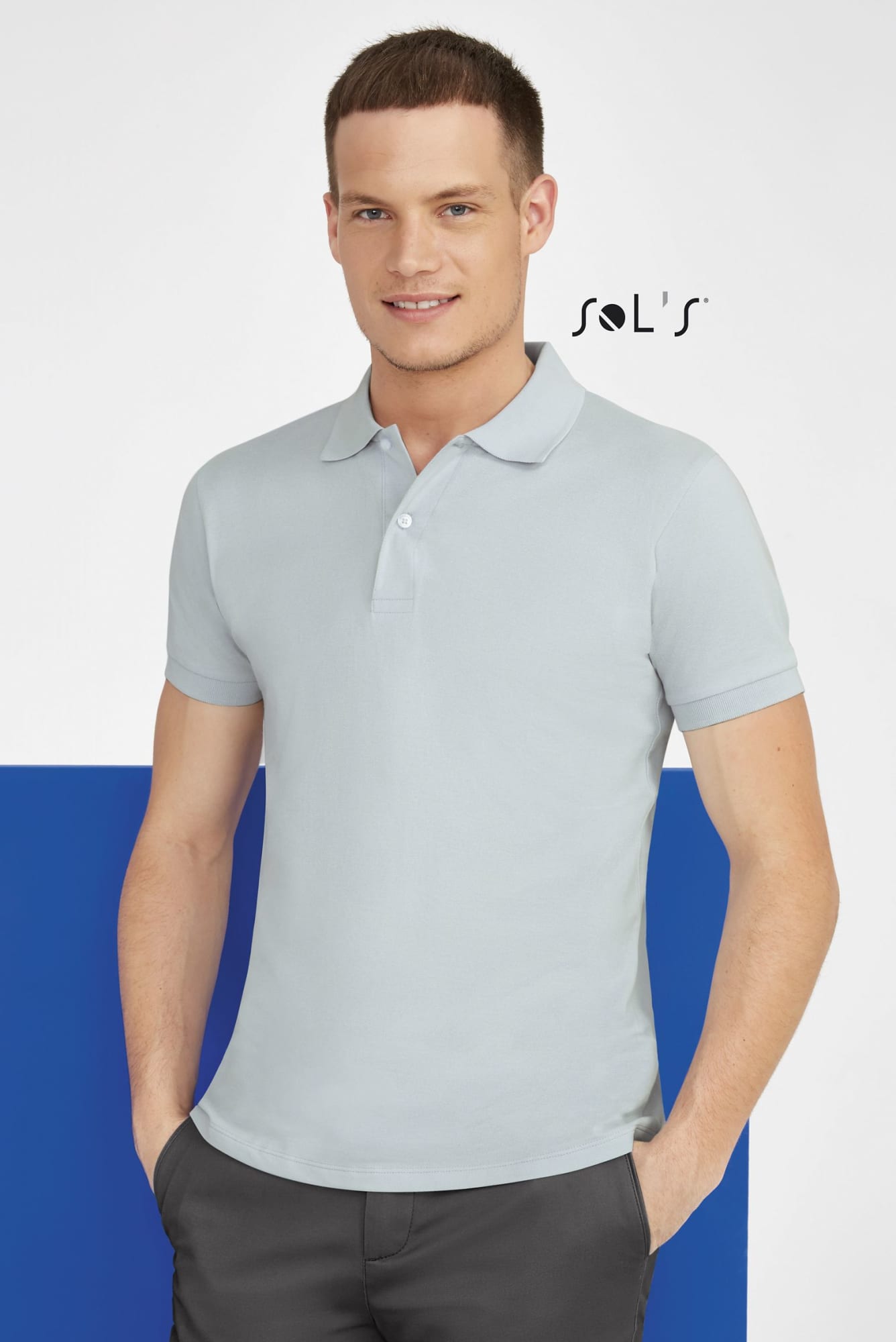 A short sleeve men's polo shirt in light blue, made from 100% cotton pique, featuring a logo. Polo shirt men's short sleeve - 100% cotton pique PERFECT - Image 1