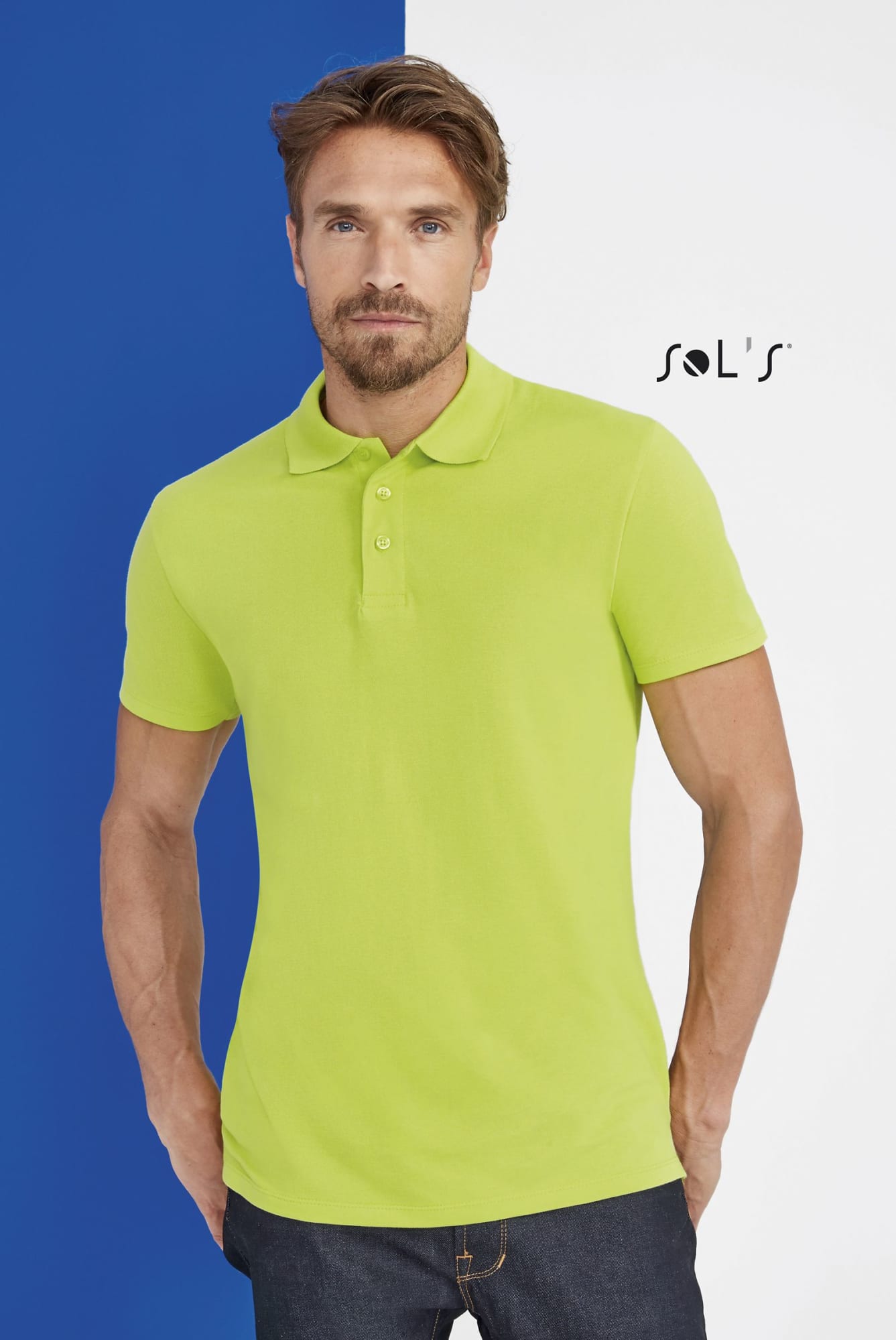 A men's polo shirt in vibrant lime green, made from 100% combed ring-spun cotton, featuring a logo. Polo shirt Men's 100% combed ring spun cotton SPRING II - Image 1