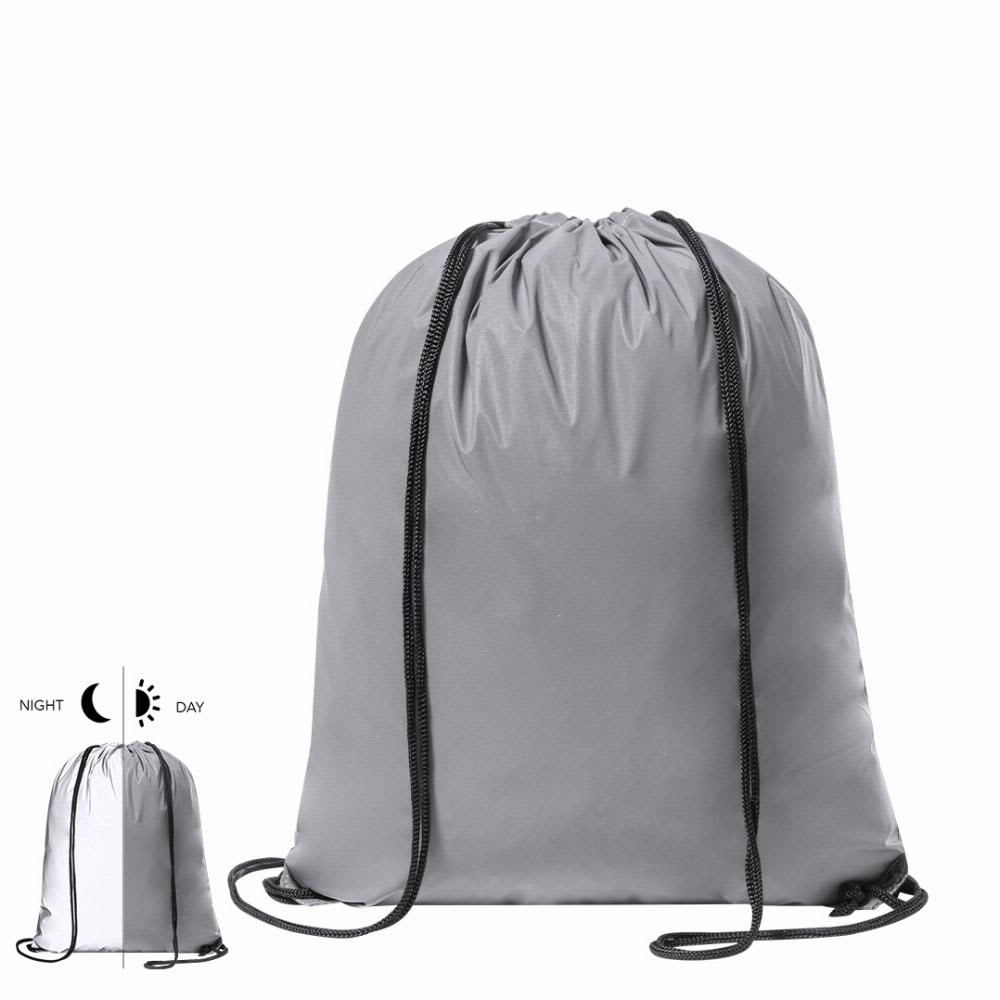 A drawstring backpack in grey featuring a logo, designed with a reflective material for visibility at night. Bayolet - Image 1