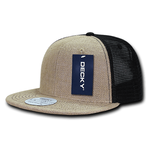 A high-profile structured trucker cap in jute with a black mesh back and a tag attached. 6 Panel High Profile Structured Jute Trucker - Image 1