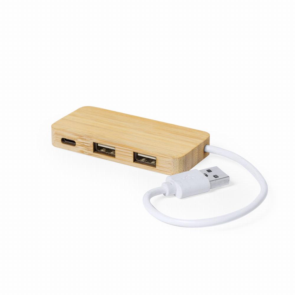 A USB hub with a bamboo casing, featuring two USB ports and a white connecting cable. Norman - Image 1