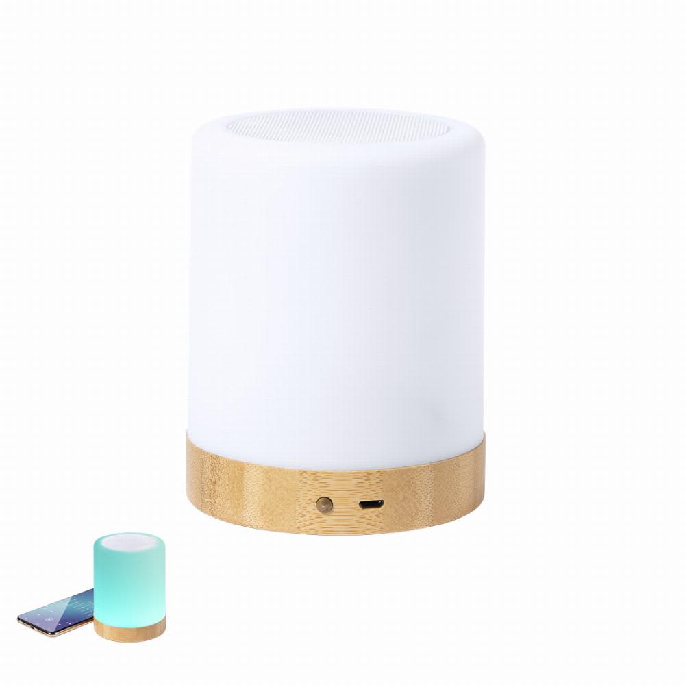A multi-functional lamp and speaker with a white body and bamboo base, featuring a glowing blue-green light. Nalow - Image 1