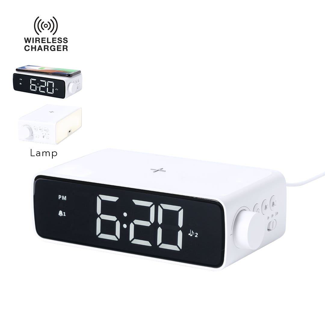 A white multifunction alarm clock with a digital display and wireless charging feature, including controls on the side. Fabirt Multifunction Alarm Clock - Image 1