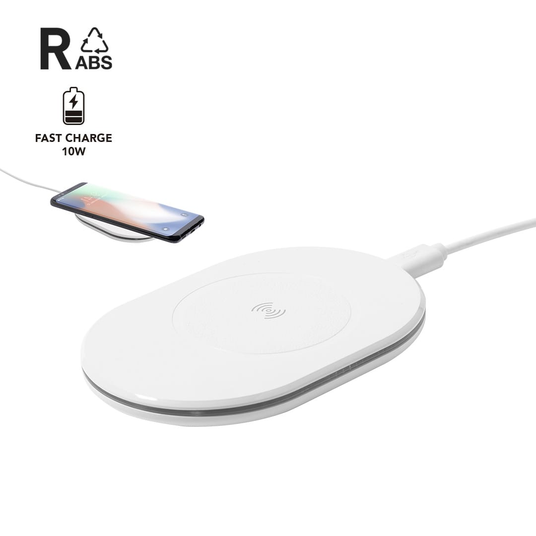 A white wireless charger with a simple design, featuring a logo and a smartphone charging on top. Zosmal RCS Charger - Image 1
